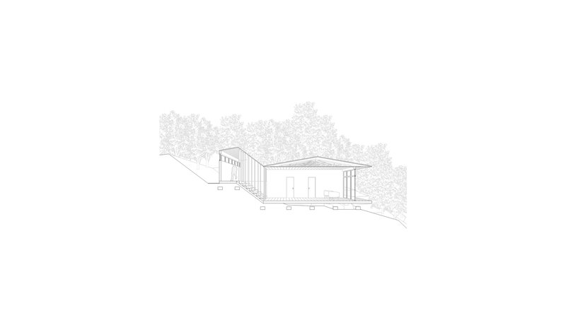 Section drawing showing a single-story structure with pitched roofs set into a sloping hillside with trees