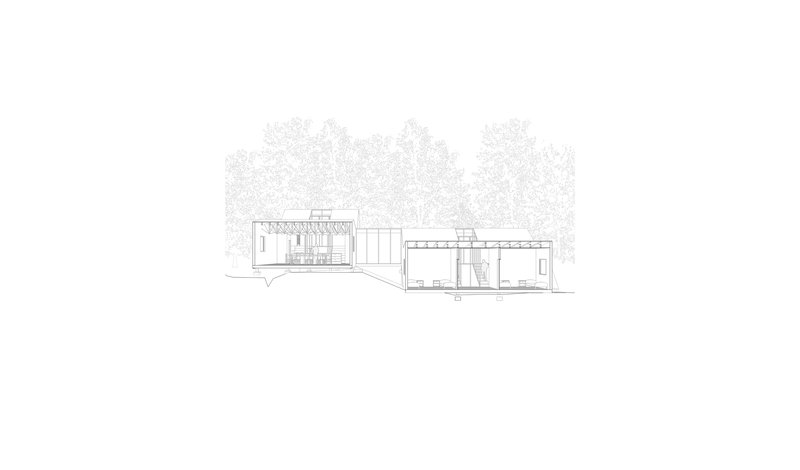 Elevation drawing showing interconnected volumes with flat and angled roofs against a backdrop of trees