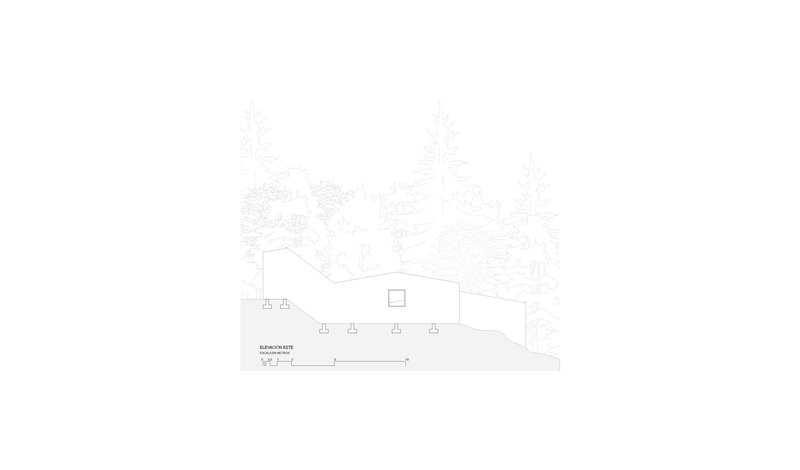 Elevation drawing showing a low-slung building with a sloped roof and support columns beneath trees