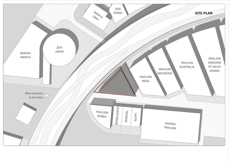 Site plan drawing showing triangular pavilion among rectangular exhibition structures and curved pathways