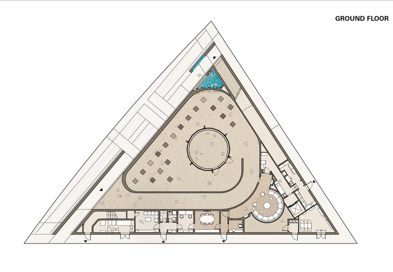 Ground floor plan drawing of a triangular building with central circular void and triangular water feature