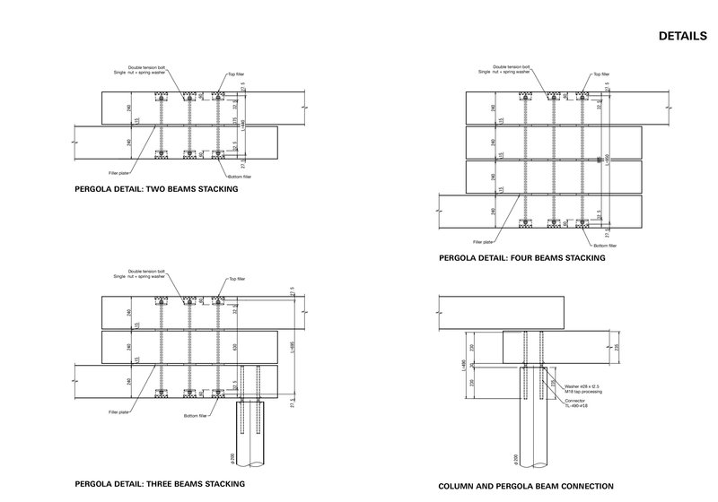 Construction detail drawings showing pergola beam stacking variations and column connections with dimensions