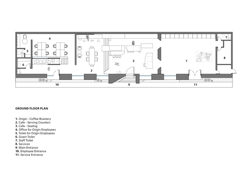 Ground floor plan drawing showing linear layout of cafe with serving counters and roastery spaces