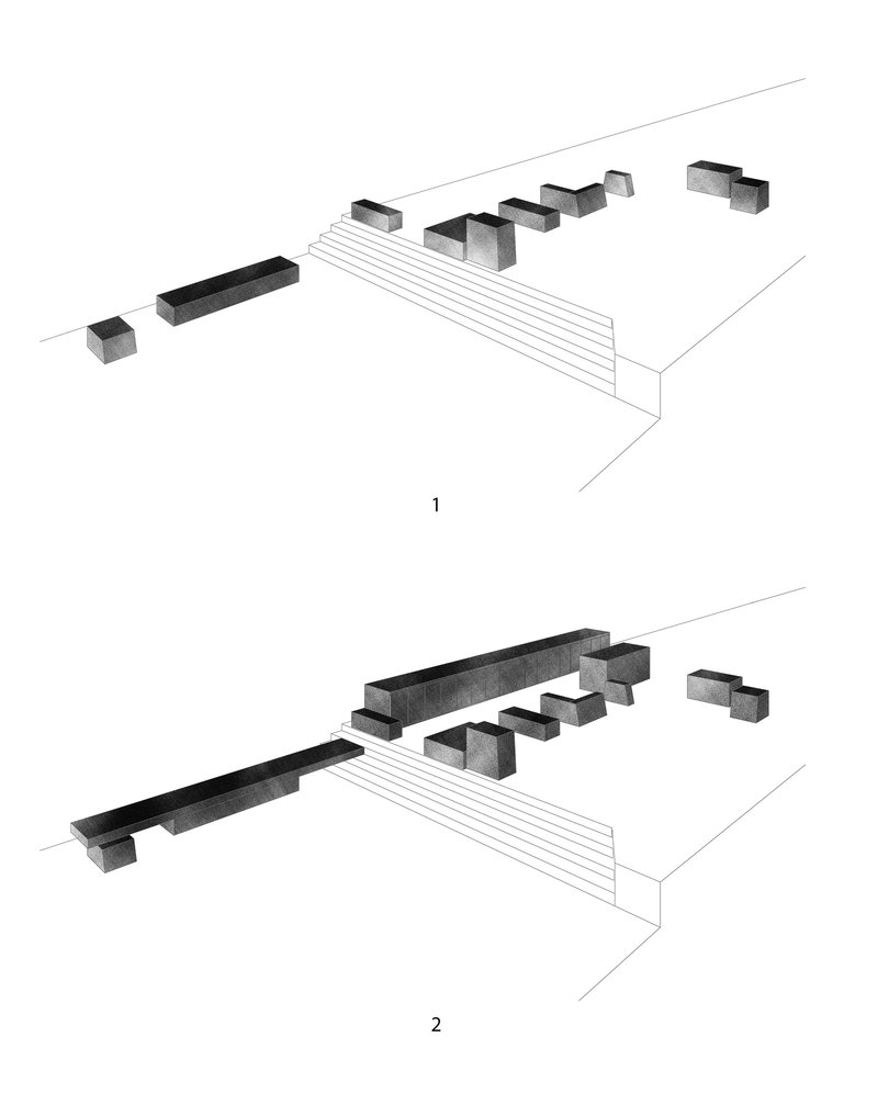 Axonometric drawing showing construction sequence with rectangular volumes and elongated base slabs