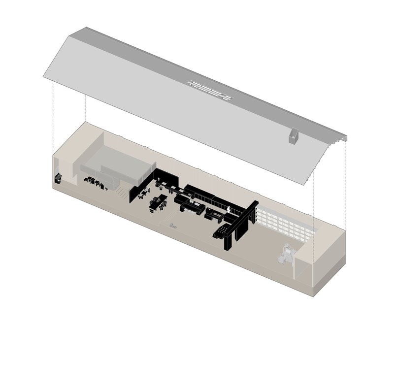 Cutaway axonometric drawing revealing interior furnishings and equipment layout within the elongated volume
