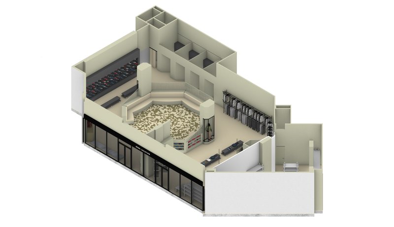 Axonometric view showing glass curtain wall and interior organization around the hexagonal central gathering space