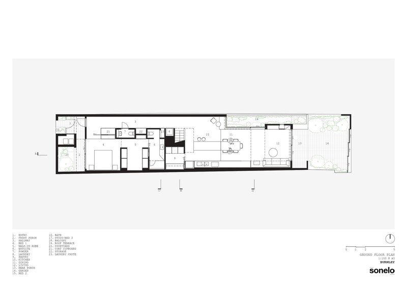 Ground floor plan drawing showing linear layout with living spaces and rear terrace