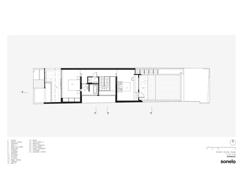 First floor plan drawing showing bedrooms and central staircase in narrow floor plate
