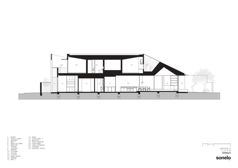 Longitudinal section drawing revealing interior spaces with an angled roof and double-height volumes
