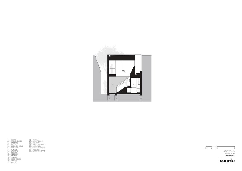 Cross section drawing showing a staircase connecting two levels beneath a planted roof terrace