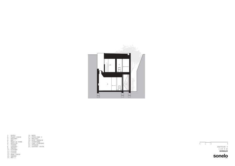 Cross section drawing depicting stacked floor plates framed by adjacent structures
