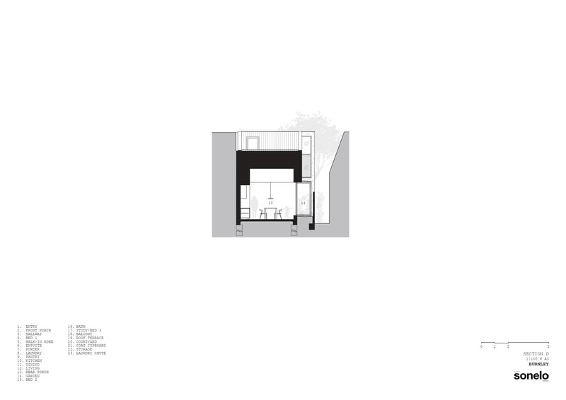 Cross section drawing showing a double-height interior space with mezzanine and roof access