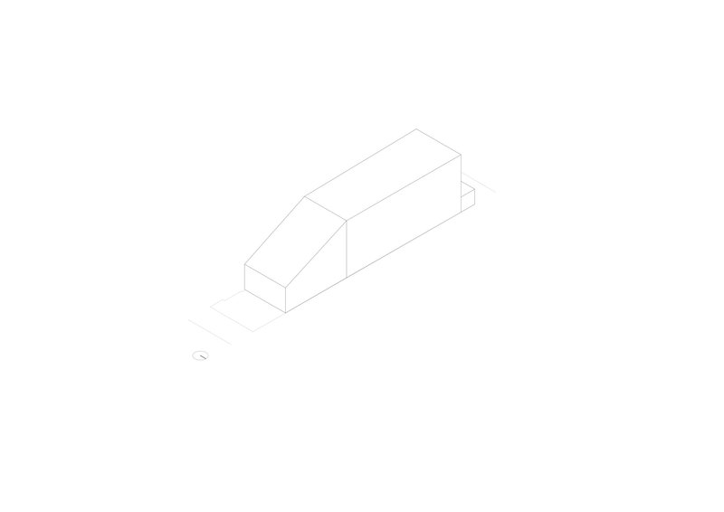 Axonometric drawing showing two interlocking rectangular volumes with a shared base platform