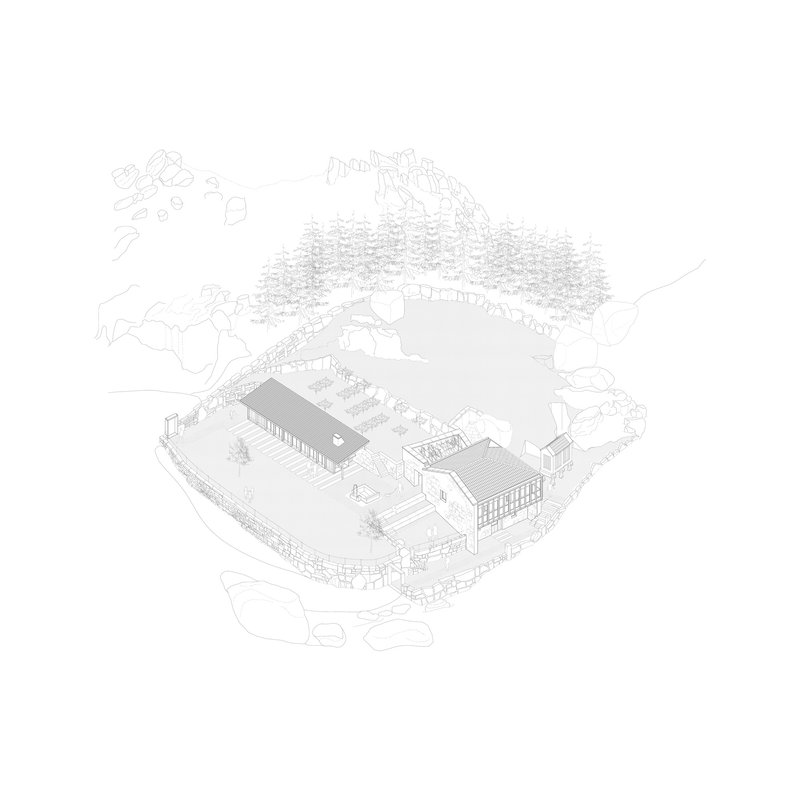 Axonometric drawing showing a walled compound with two rectangular buildings and surrounding landscape with trees