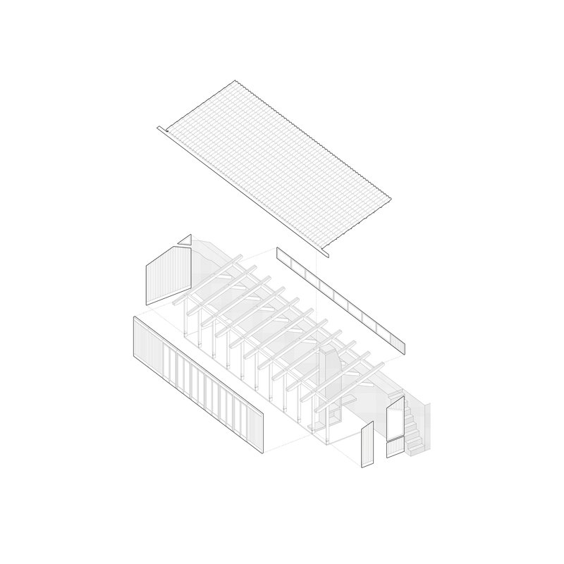 Exploded axonometric drawing showing roof plane, structural frame and vertical wall panels of a rectangular volume