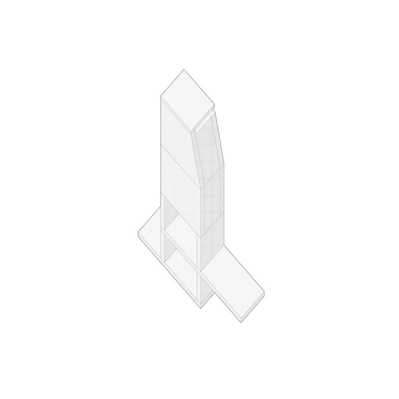 Axonometric drawing of a three story volume with angled walls and attached horizontal wing