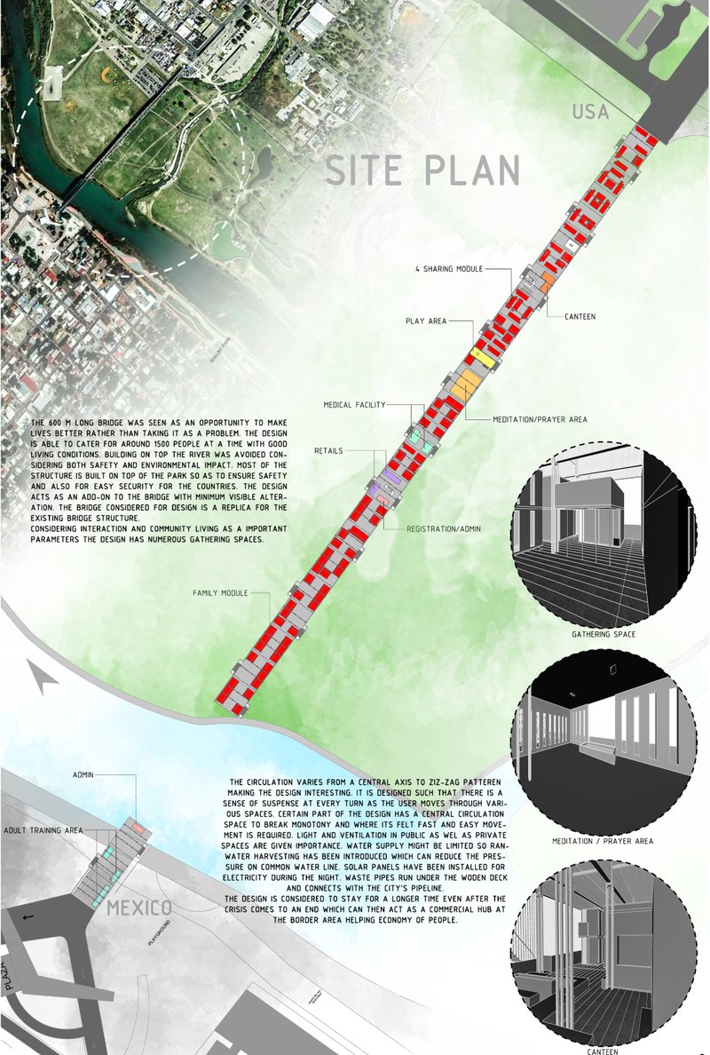 Site plan illustrating the linear refugee housing system integrated along the US–Mexico border bridge.