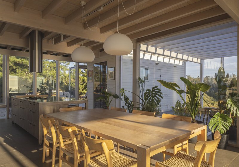 Dining area with timber table and exposed beams surrounded by potted tropical plants in afternoon light