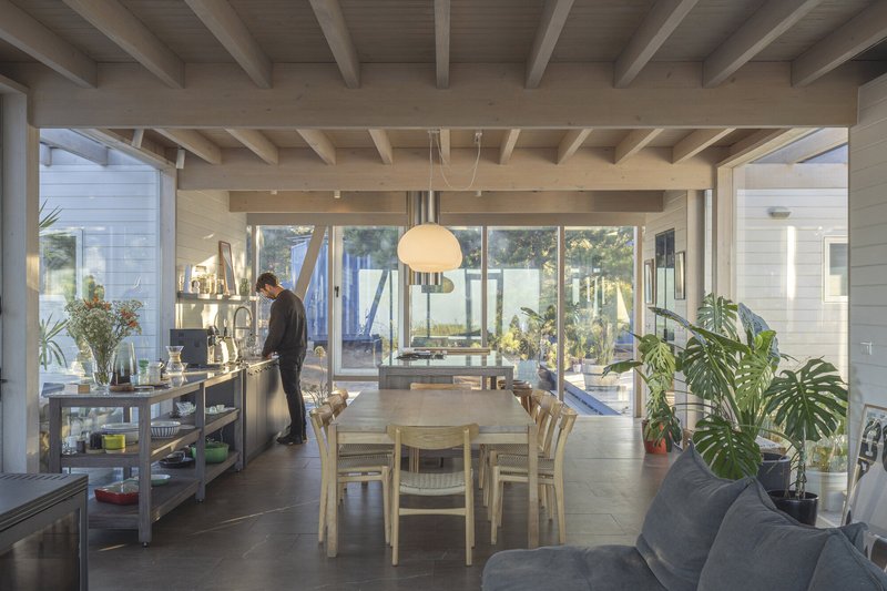 Open-plan living and dining area with exposed timber ceiling beams and potted plants