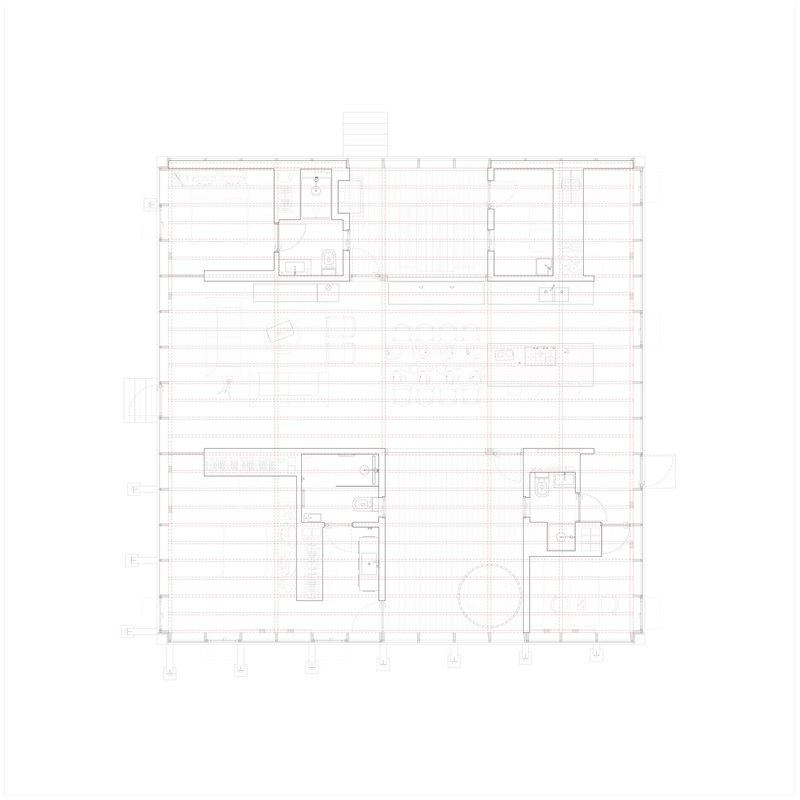 Floor plan drawing depicting a square layout with central corridor and rooms arranged around perimeter