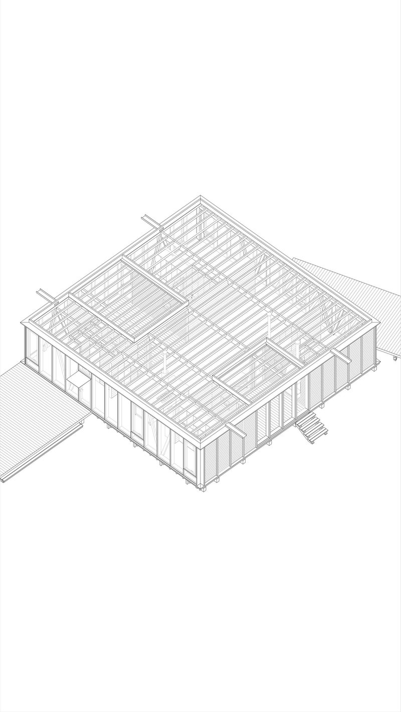 Axonometric drawing showing exposed timber roof structure with rafters and vertical perimeter walls