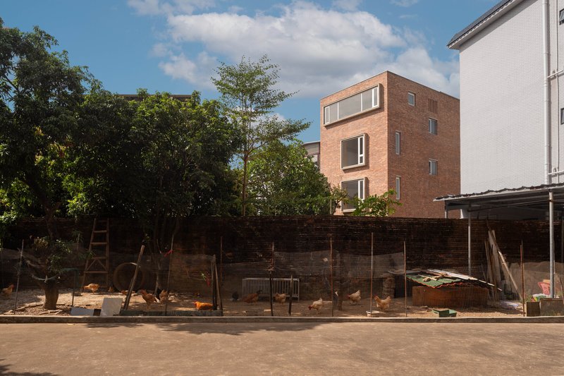 Rear elevation of brick volume rising above old wall with chickens in foreground yard