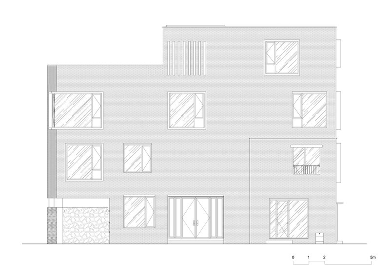 Elevation drawing depicting a facade with multiple window openings and a central double door