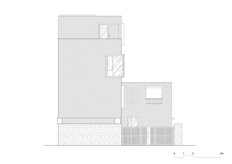 Elevation drawing showing stacked volumes with textured walls, stairs, and a stone base