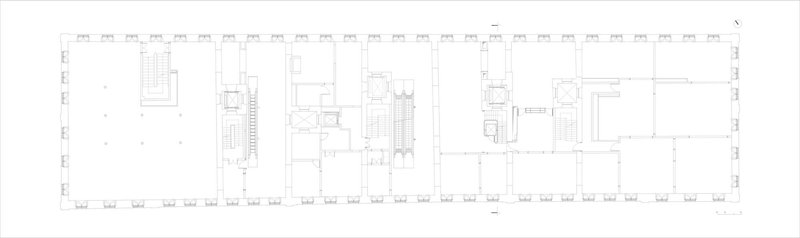 Floor plan drawing illustrating a linear arrangement with central core and repetitive structural bays