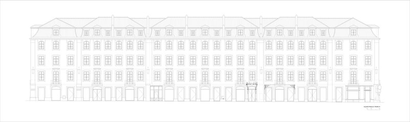 Elevation drawing of a multi-story facade with repeated window patterns and arched openings at ground level