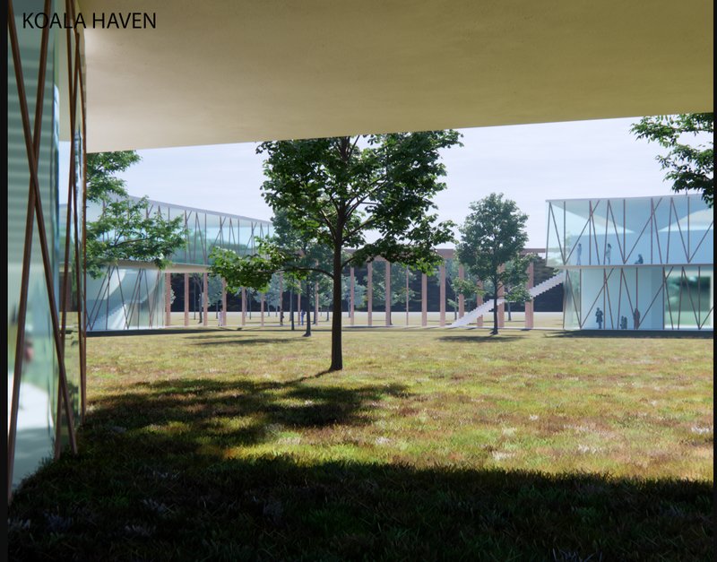 Open courtyard framing transparency between built form and natural landscape