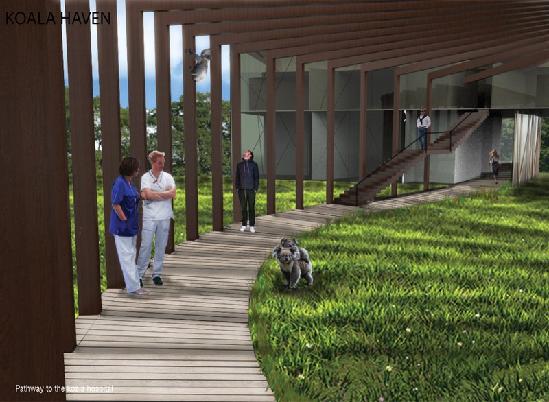 Pathway through timber colonnade connecting visitors with the koala rehabilitation zone