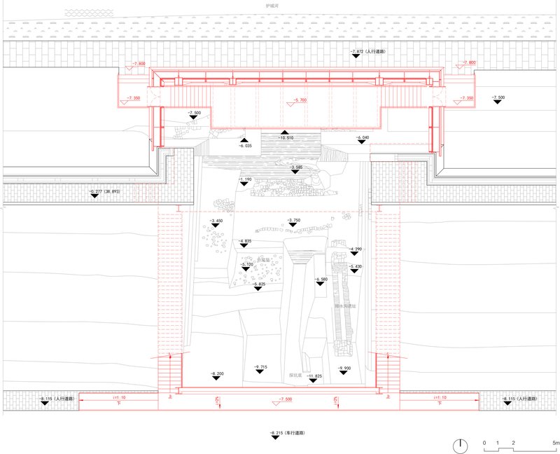 Floor plan drawing showing the enclosed gallery space with interior courtyards and landscaped areas in the lower half