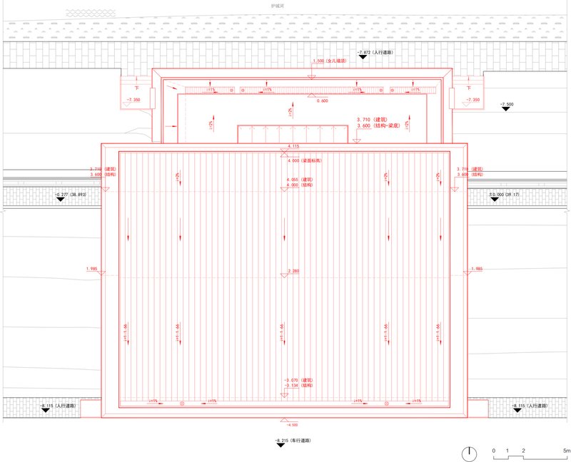 Floor plan drawing showing a large rectangular hall with linear structural elements and smaller service volumes