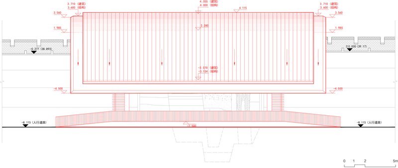 Elevation drawing showing the raised rectangular volume supported on a sloped base with central entry