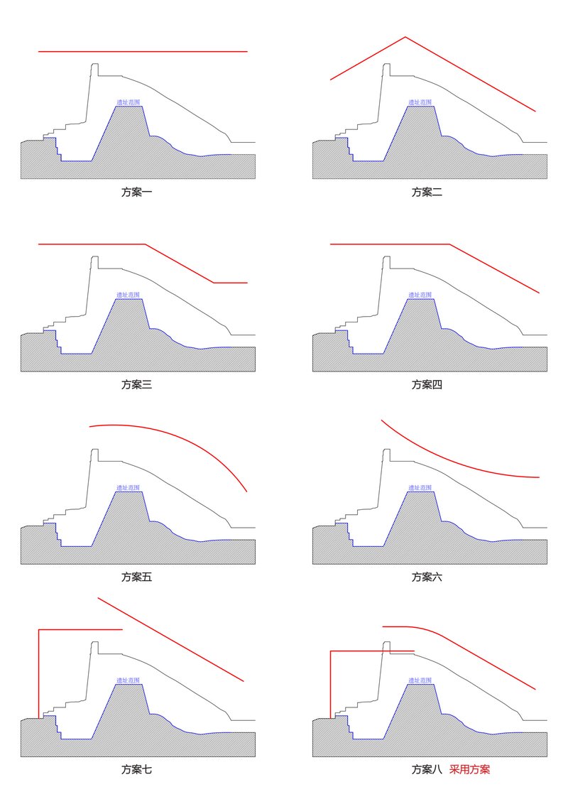 Diagram showing eight alternative roof form options with varying curved and angled profiles