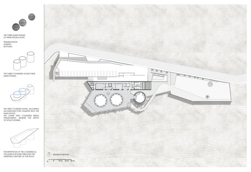 Ground floor plan drawing showing three circular production tanks and triangular wing extending across contoured terrain