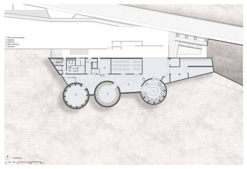Floor plan drawing showing upper level with three circular chambers and connecting gallery spaces
