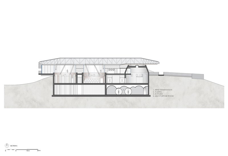 Section drawing showing interior spaces with exposed truss roof structure and underground fermentation tanks