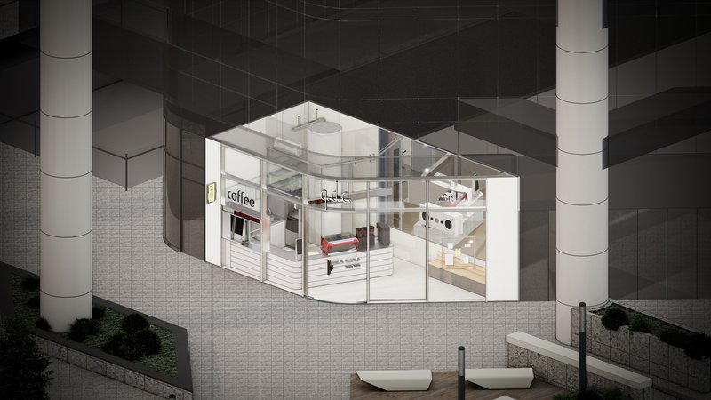 Aerial view showing the glass-walled kiosk with exposed interior counter and seating area