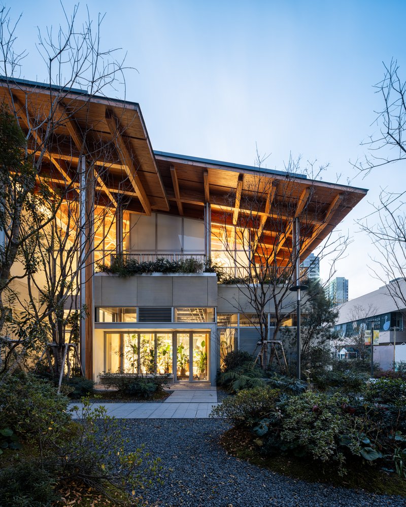 Garden facade with exposed timber roof structure and branching columns illuminated at dusk