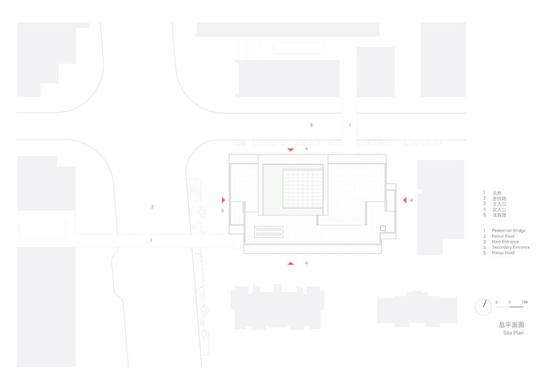 Site plan drawing showing the central building footprint with surrounding streets and adjacent structures