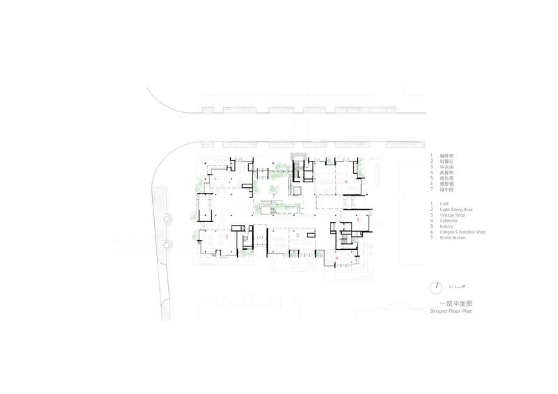 Ground floor plan drawing showing central courtyards surrounded by interconnected rooms and an adjacent curved driveway