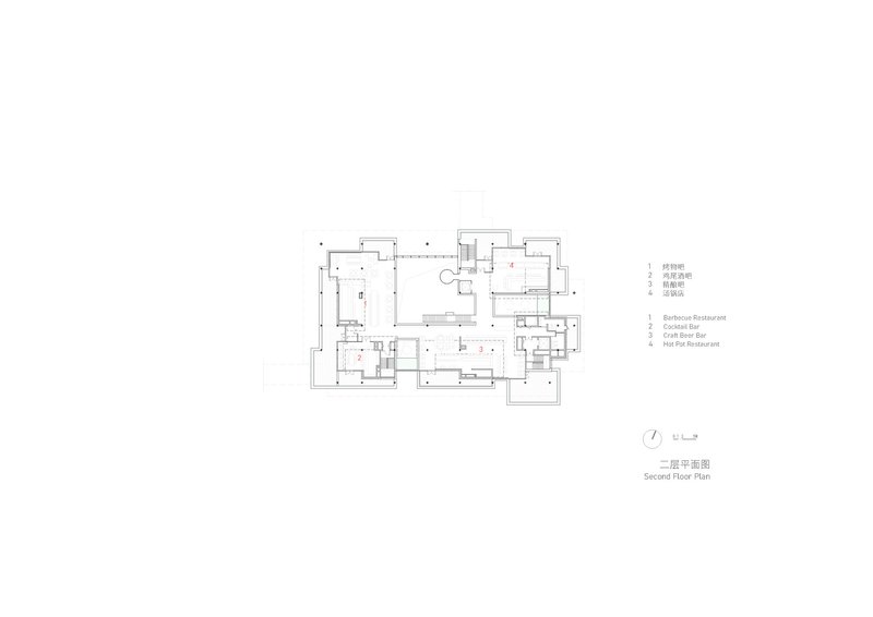 Second floor plan drawing depicting multiple bars and entertainment spaces arranged around interior voids