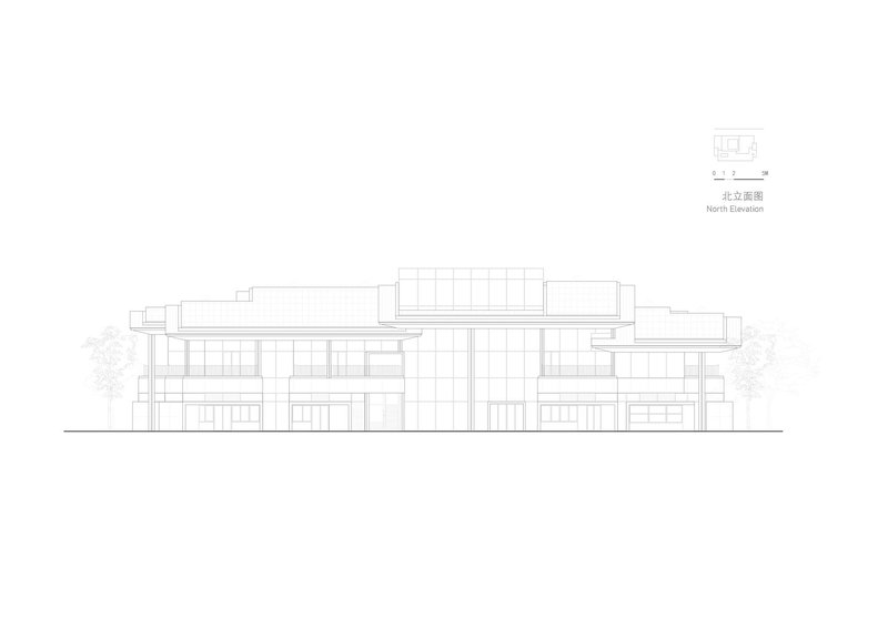 North elevation drawing showing a multi-level structure with horizontal planes and flanking trees