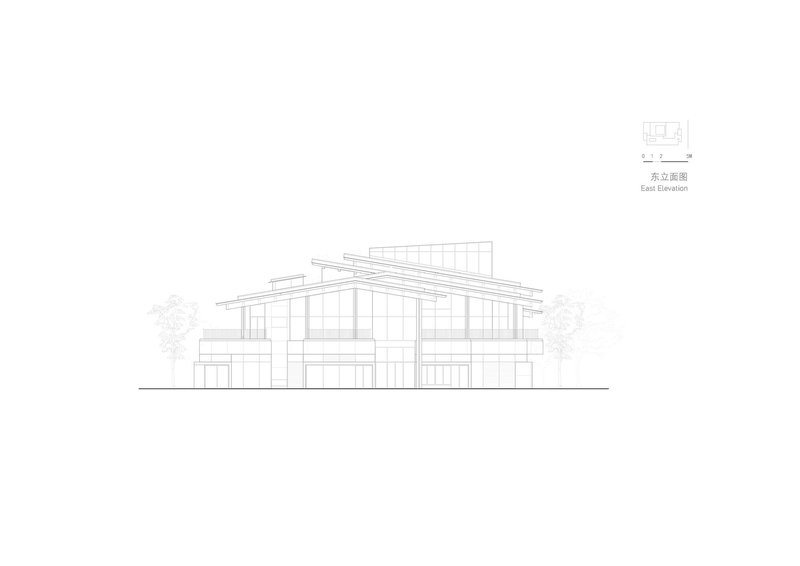 East elevation drawing displaying angled roof planes and a two-story glazed facade with vegetation