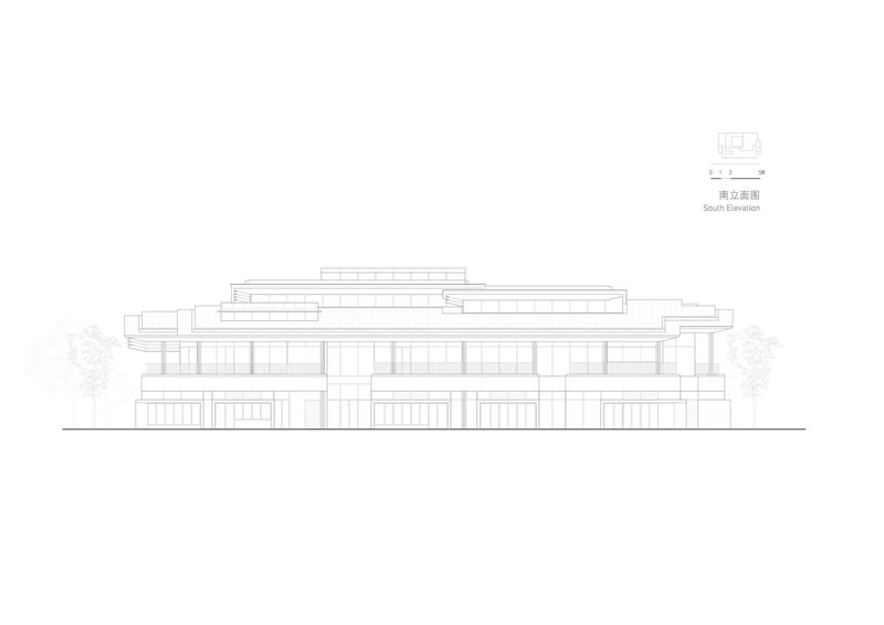 South elevation drawing of the layered horizontal volumes with terraces and surrounding trees