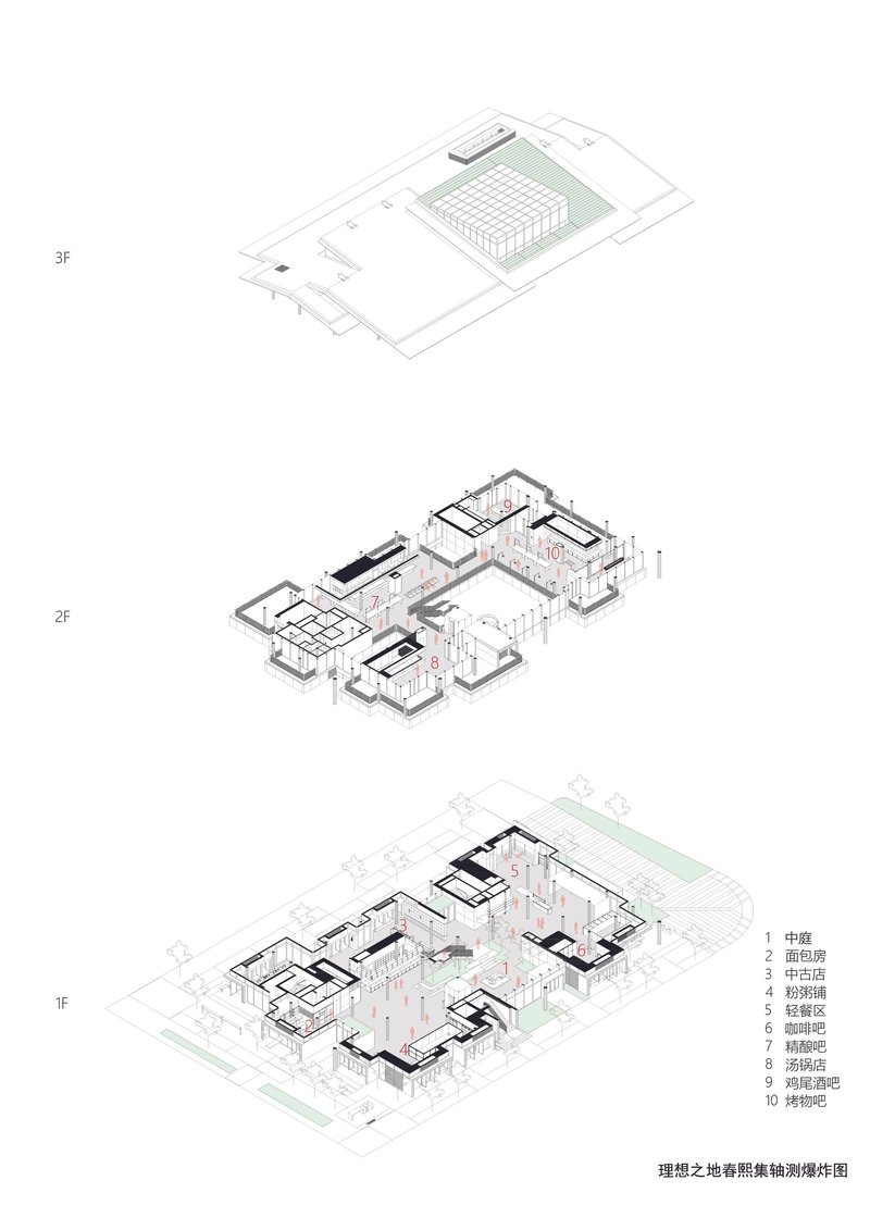 Axonometric drawing showing three floor levels with interior layouts and green courtyard spaces