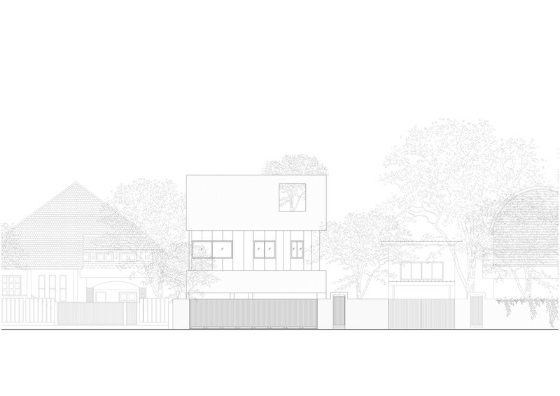 Street elevation drawing showing a three-storey volume between adjacent residential buildings and trees