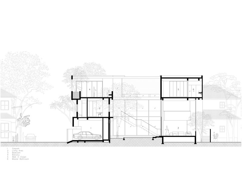 Section drawing showing a three-storey residence with central courtyard and adjacent neighbouring houses